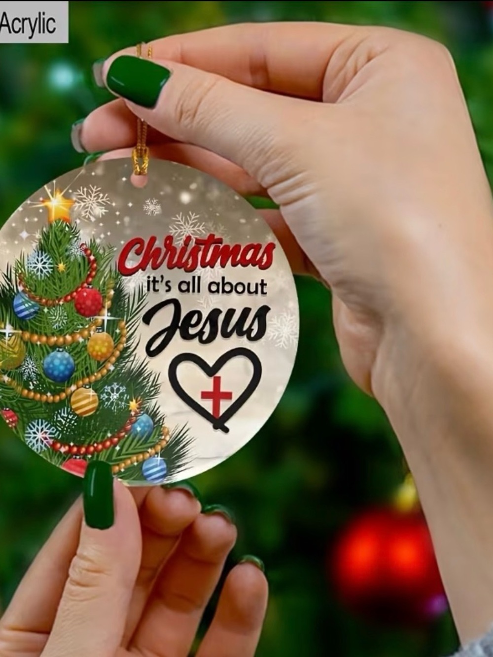 Christmas It's All About Jesus Acrylic Ornament - Green/Red